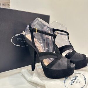 Prada Platform Stiletto T-strap Sandals Sz 39 Suede Black Gray Heels Peep Toe